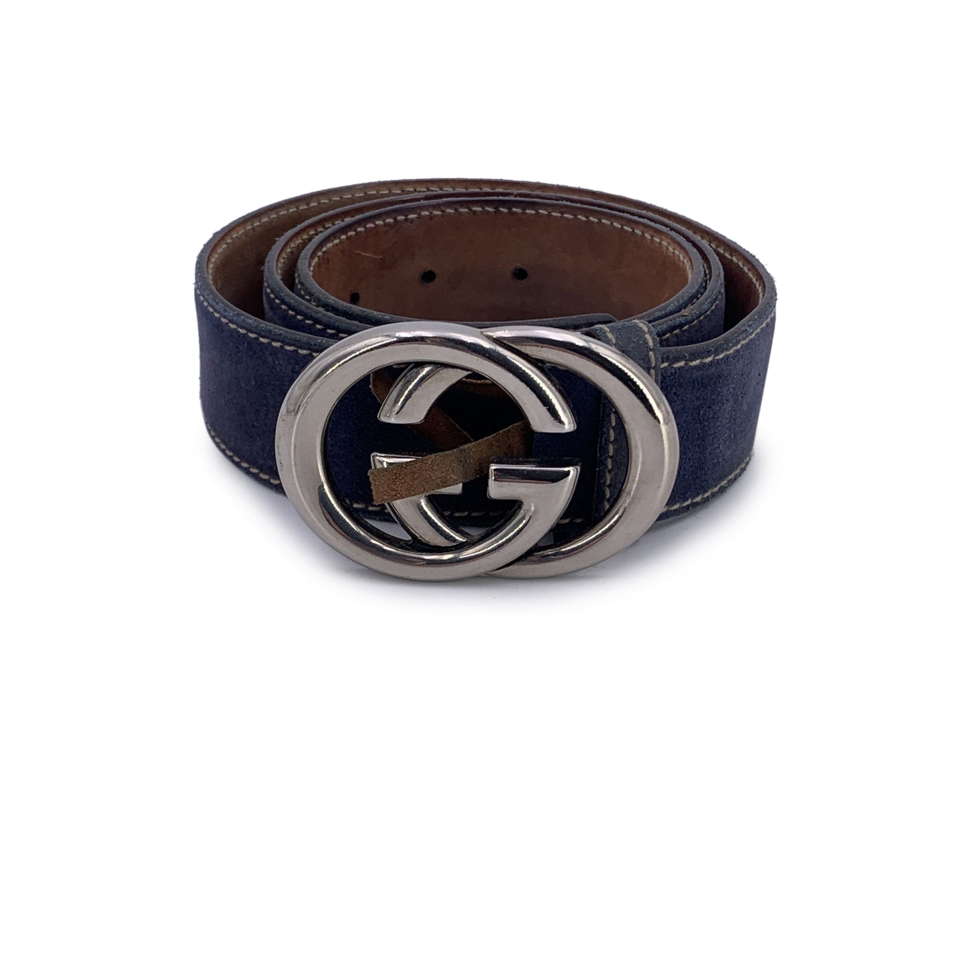 Gucci Indigo Suede Belt with Silver Metal GG Buckle Size 90/36