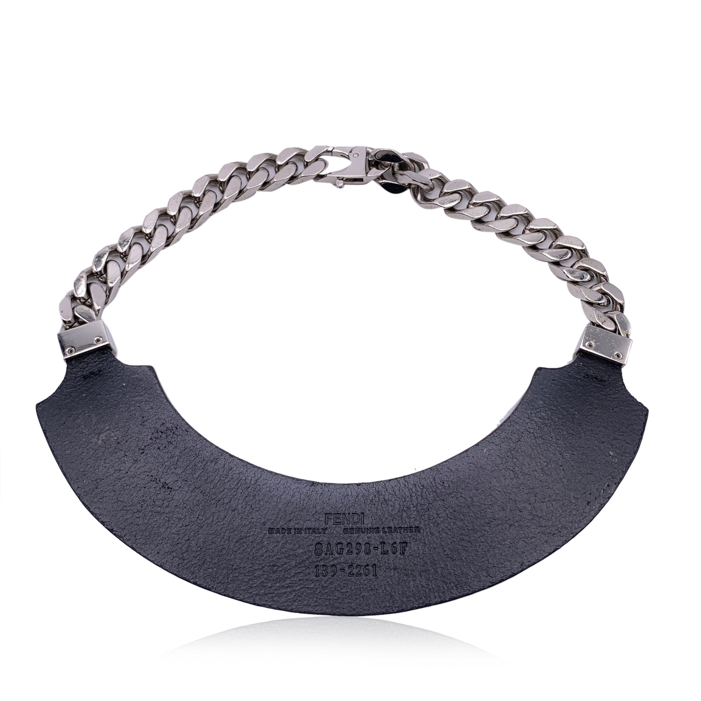 Fendi Black Leather Collar and Silver Metal Cuban Chain Necklace