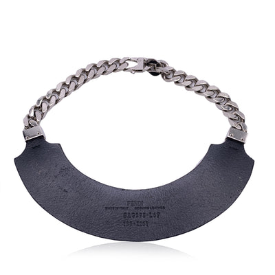 Fendi Black Leather Collar and Silver Metal Cuban Chain Necklace