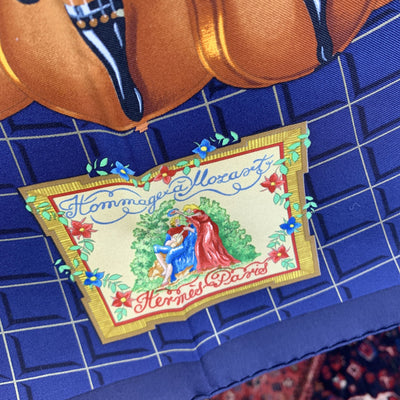 Hermes Vintage Blue Silk Scarf Hommage a Mozart 1991 Julie Abadie