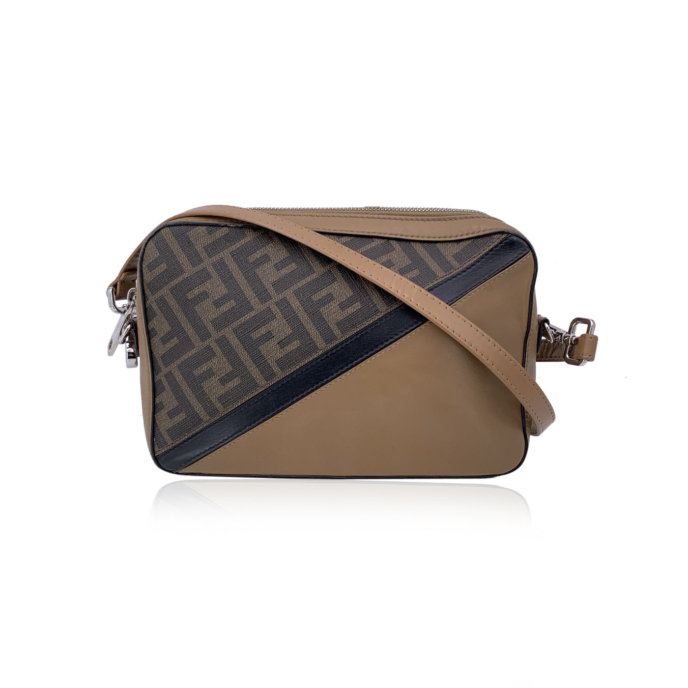 Fendi Monogram Zucca Canvas Leather Diagonal Camera Crossbody Bag