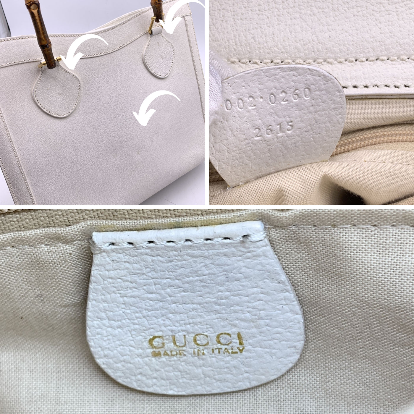 Gucci Vintage White Leather Bamboo Princess Diana Tote Bag