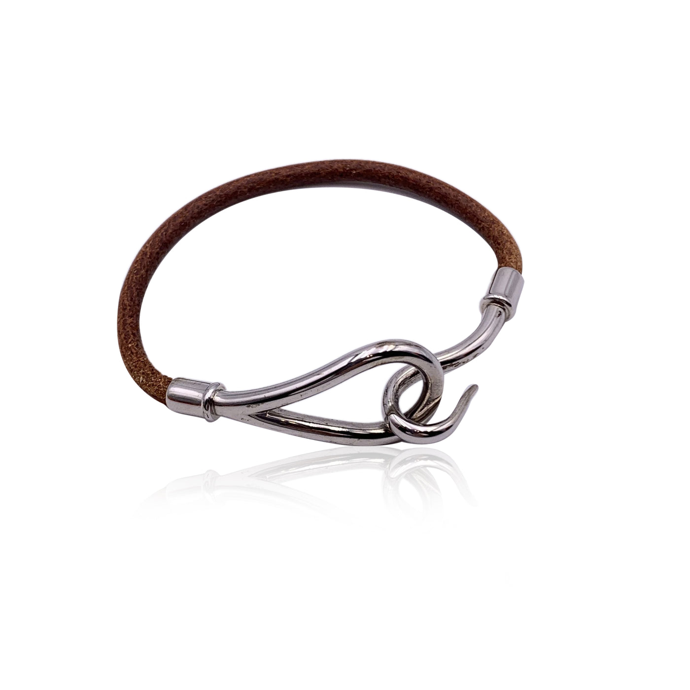 Hermes Light Brown Leather Silver Metal Jumbo Hook Bracelet