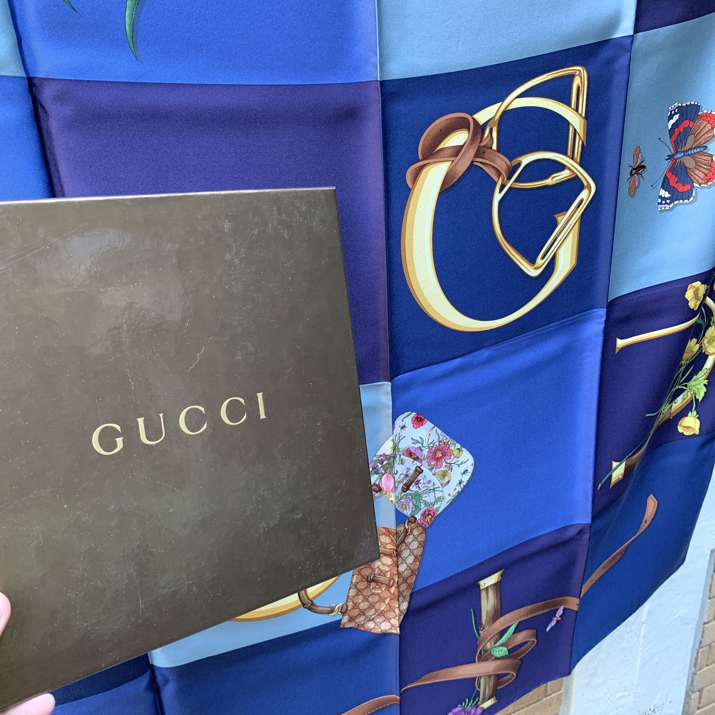 Gucci Blue Checked Bamboo Bags Floral Stirrups Silk Scarf