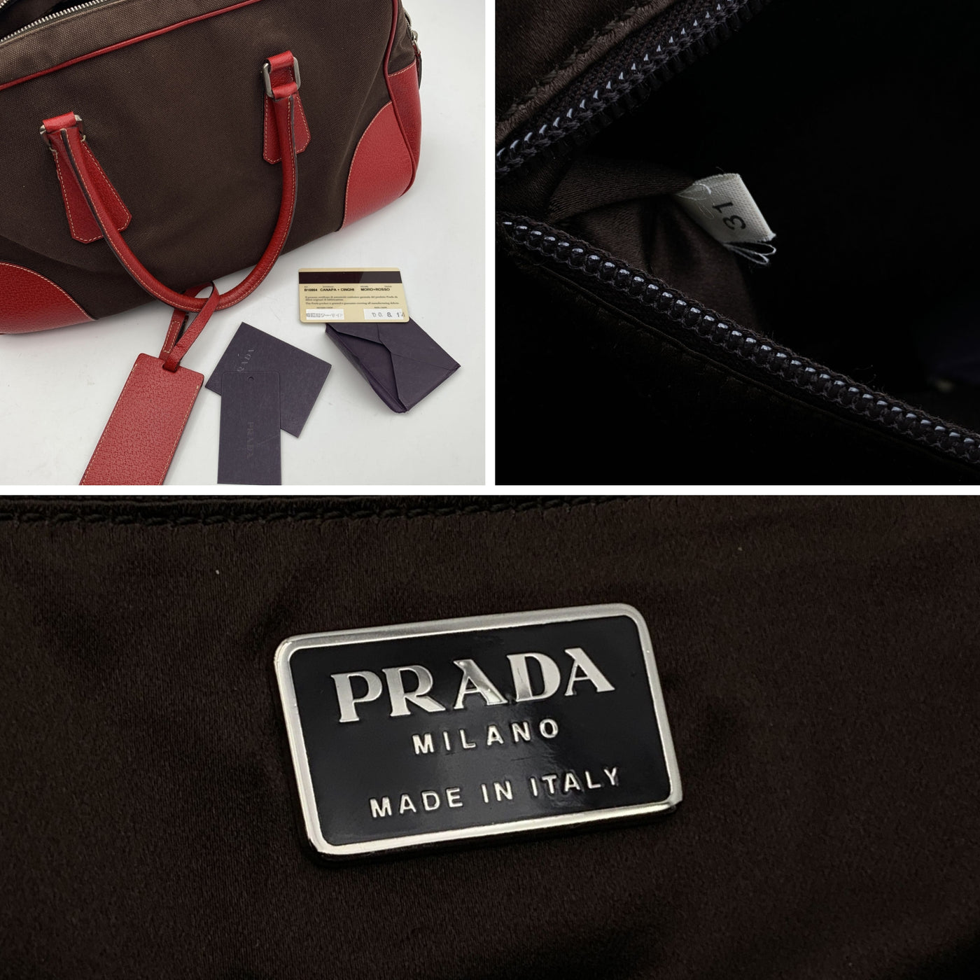 Prada Vintage Brown Canvas Red Leather Bowling Bag Satchel B10804