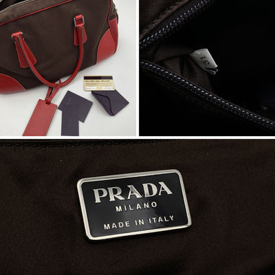 Prada Vintage Brown and Red Leather Bowling Bag Satchel B10804
