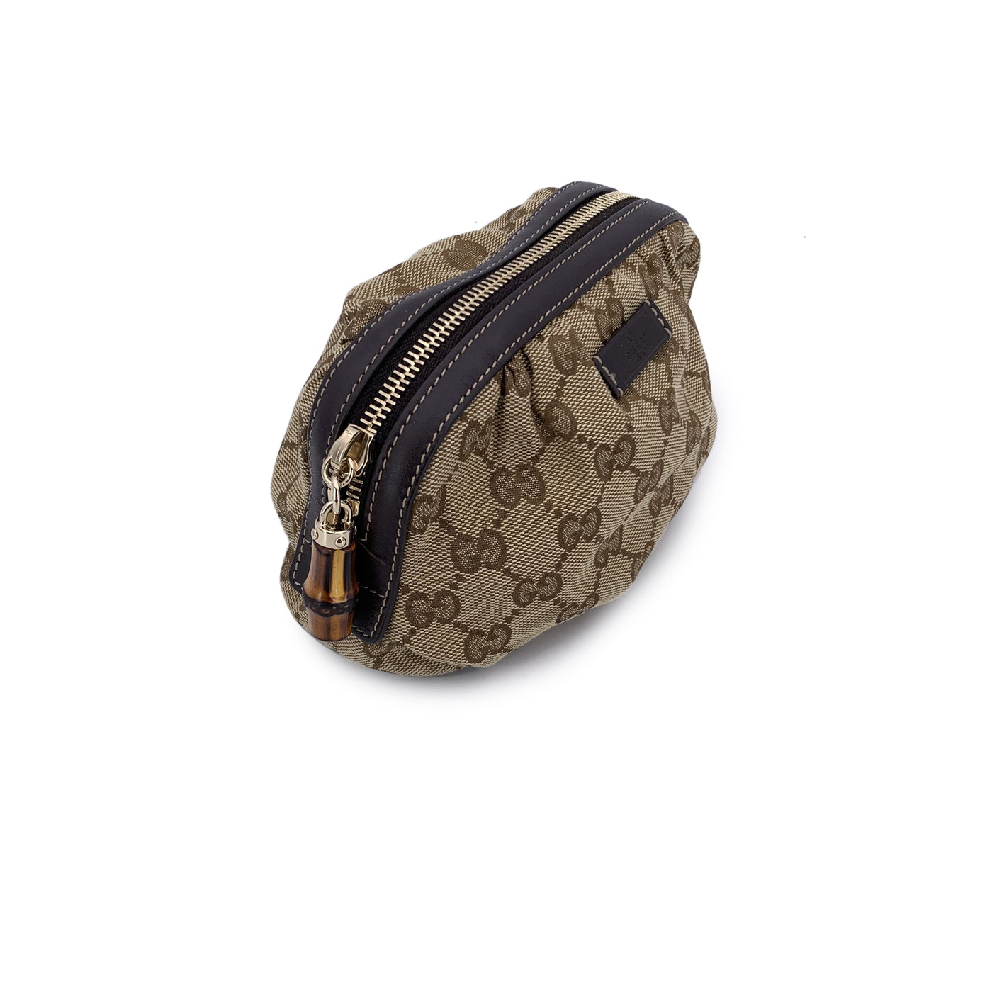 Gucci Beige Monogram Canvas Bamboo Small Cosmetic Zip Pouch