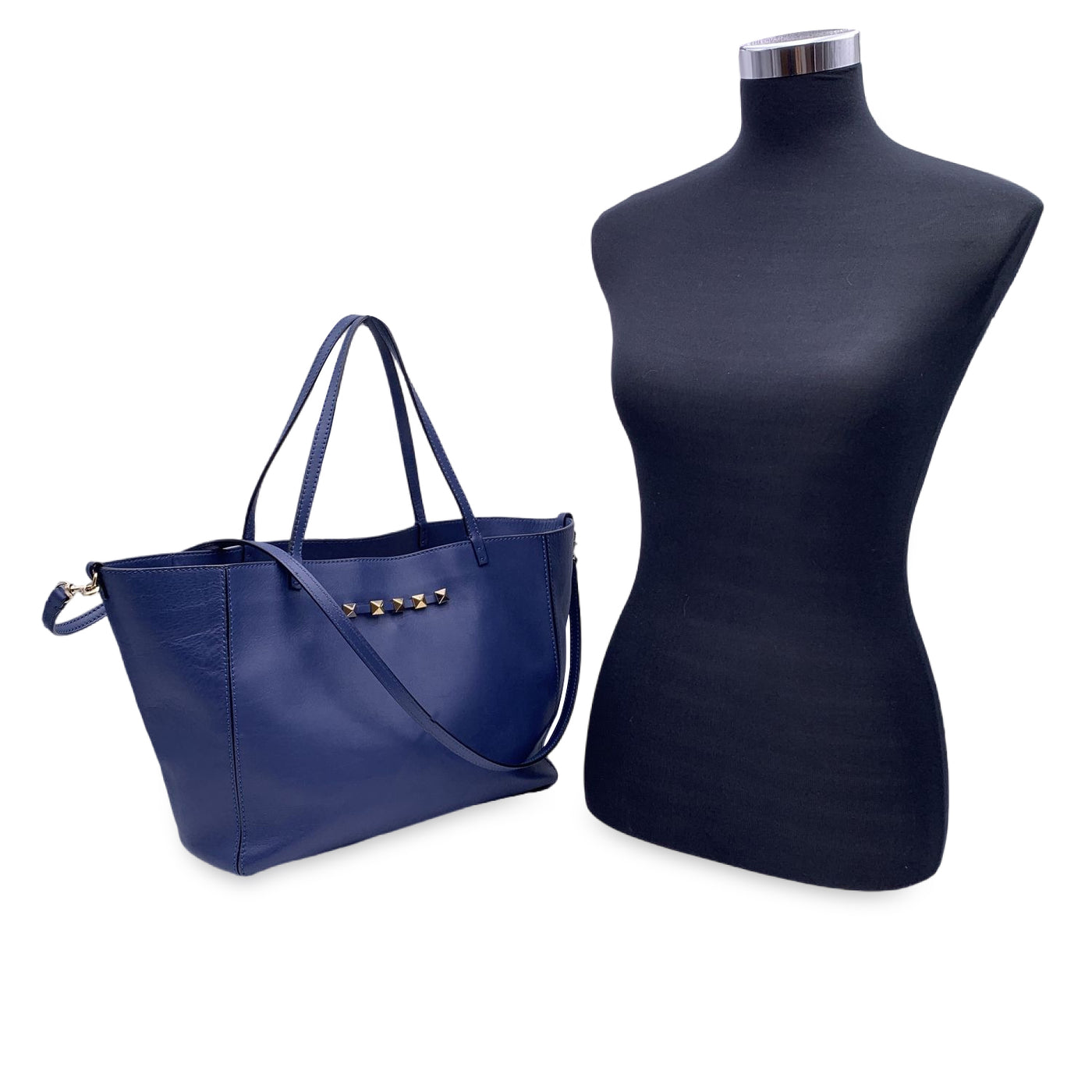 Valentino Garavani Blue Leather Rockstud Tote Shoulder Bag