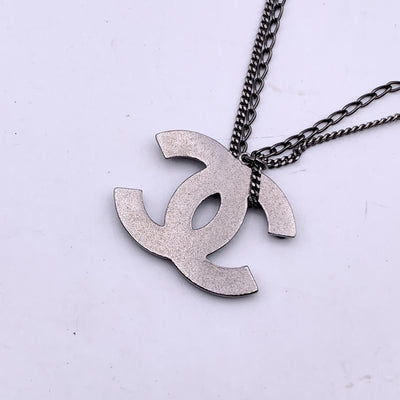 Chanel Gunmetal Double Chain CC Logo Pendant Necklace