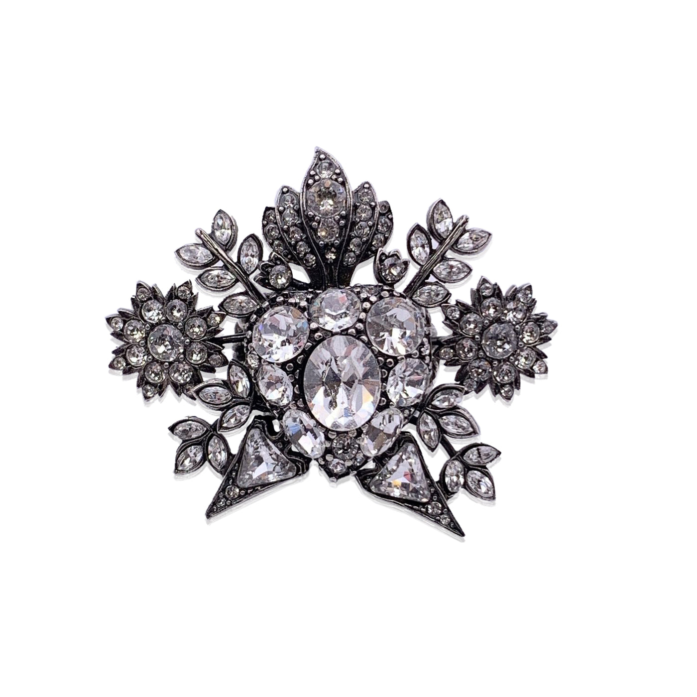 Gucci Aged Silver Metal Brass Crystal Statement Ring Size M