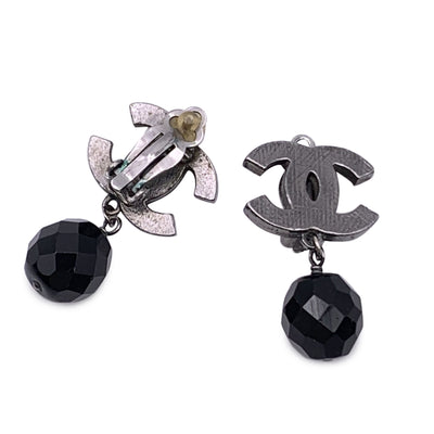 Chanel Silver Metal CC Logo Black Faceted Beads Drop Clip On Earrings