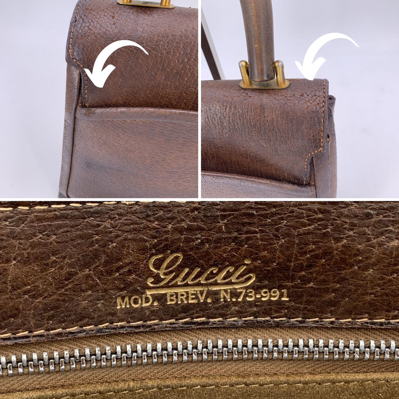 Gucci Vintage Brown Leather Top Wood Handle Bag Handbag
