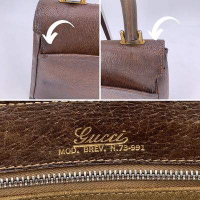Gucci Vintage Brown Leather Top Wood Handle Bag Handbag