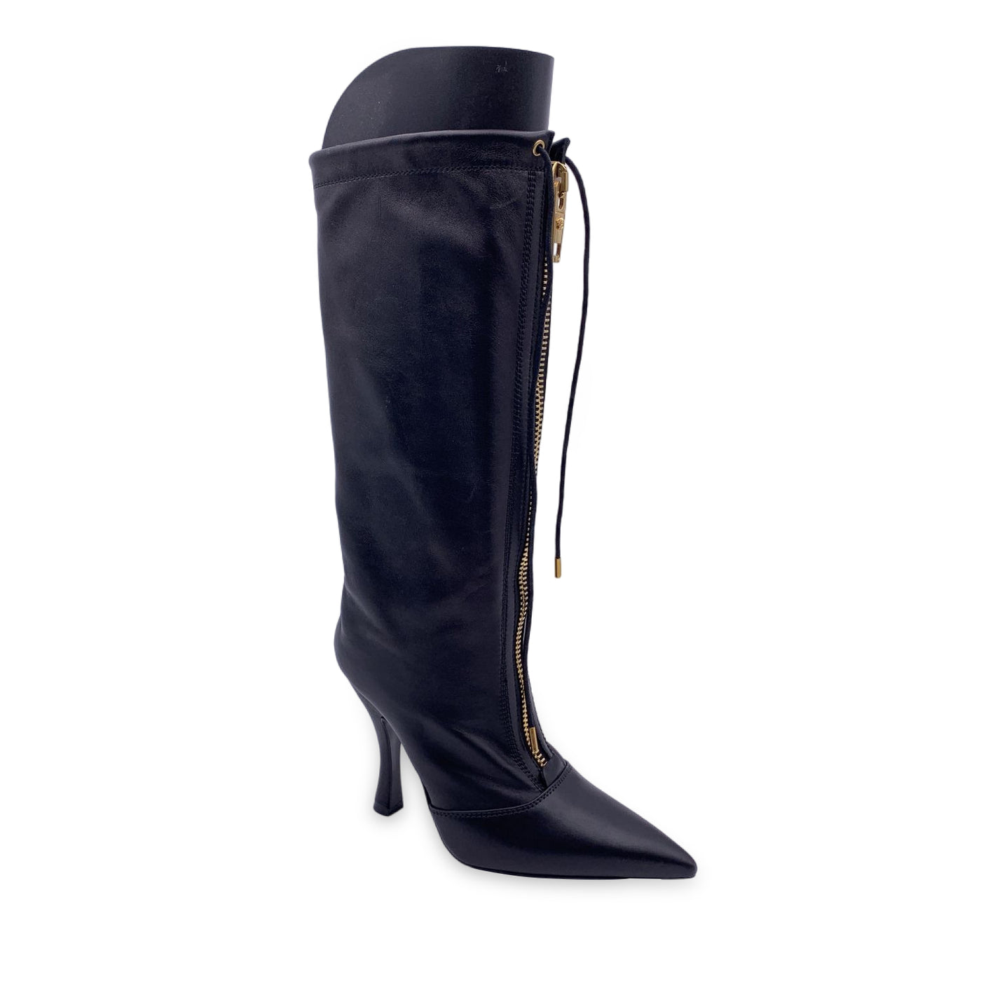 Versace Black Leather Heeled Boots with Central Zip Size 36