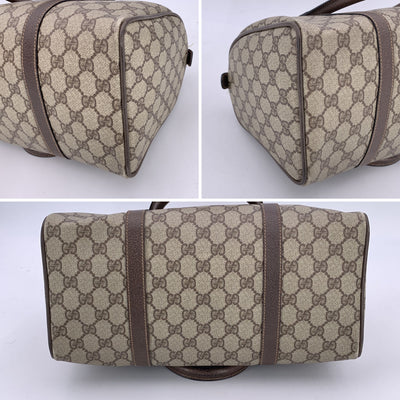 Gucci Vintage Beige Monogram Canvas Leather GG Logo Boston Bag