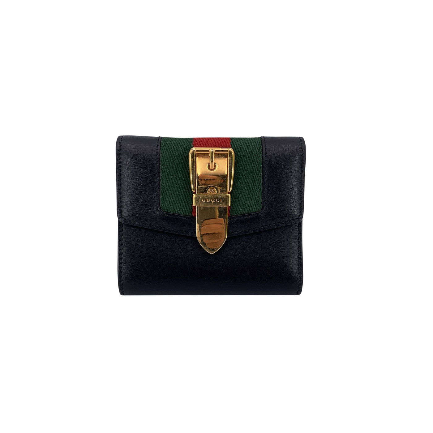 Gucci Black Leather Web Signature Sylvie Compact Trifold Wallet