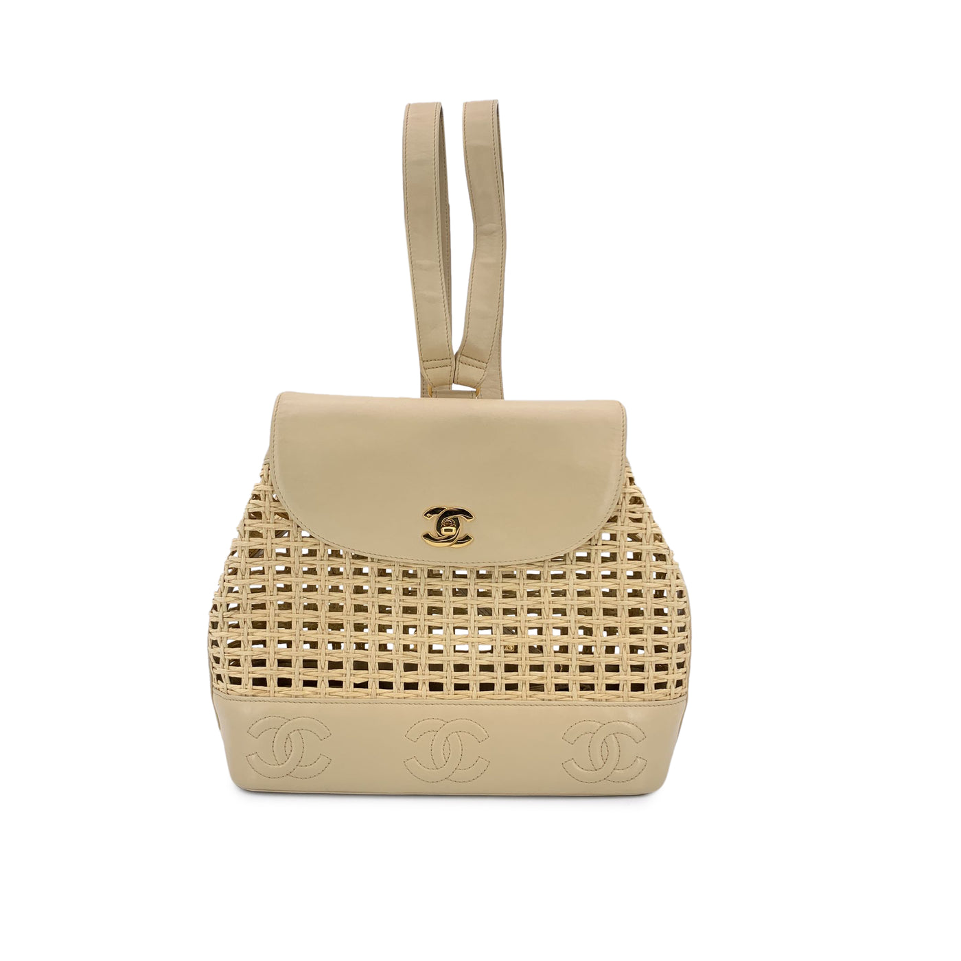 Chanel Vintage Beige Leather and Straw Backpack Shoulder Bag