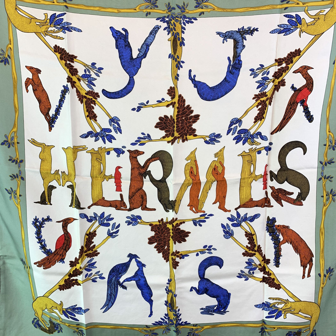 Hermes Vintage Silk Scarf Alphabet III 1990 Annie Faivre Light Green