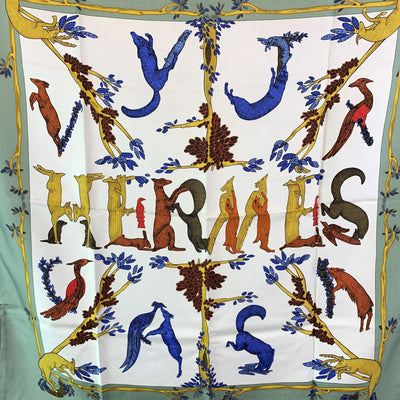 Hermes Vintage Silk Scarf Alphabet III 1990 Annie Faivre Light Green
