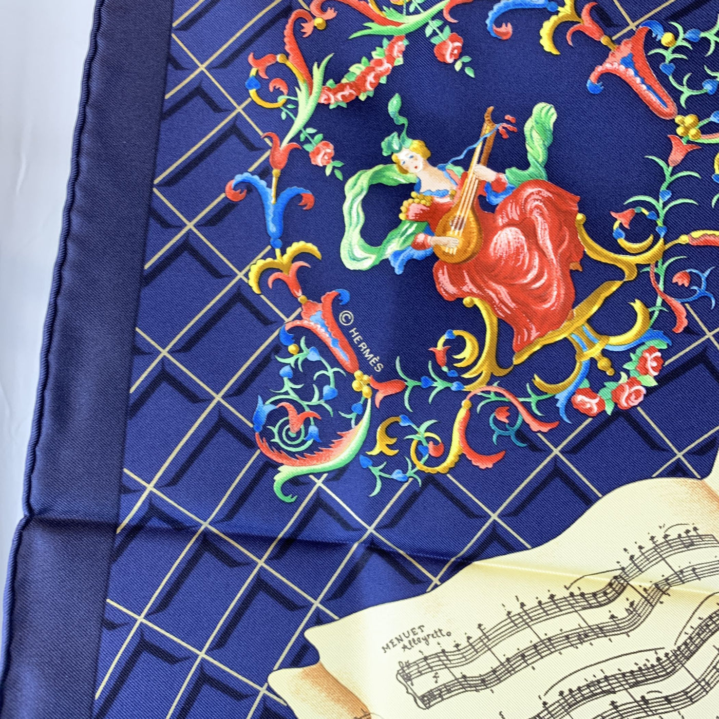 Hermes Vintage Blue Silk Scarf Hommage a Mozart 1991 Julie Abadie