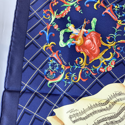 Hermes Vintage Blue Silk Scarf Hommage a Mozart 1991 Julie Abadie