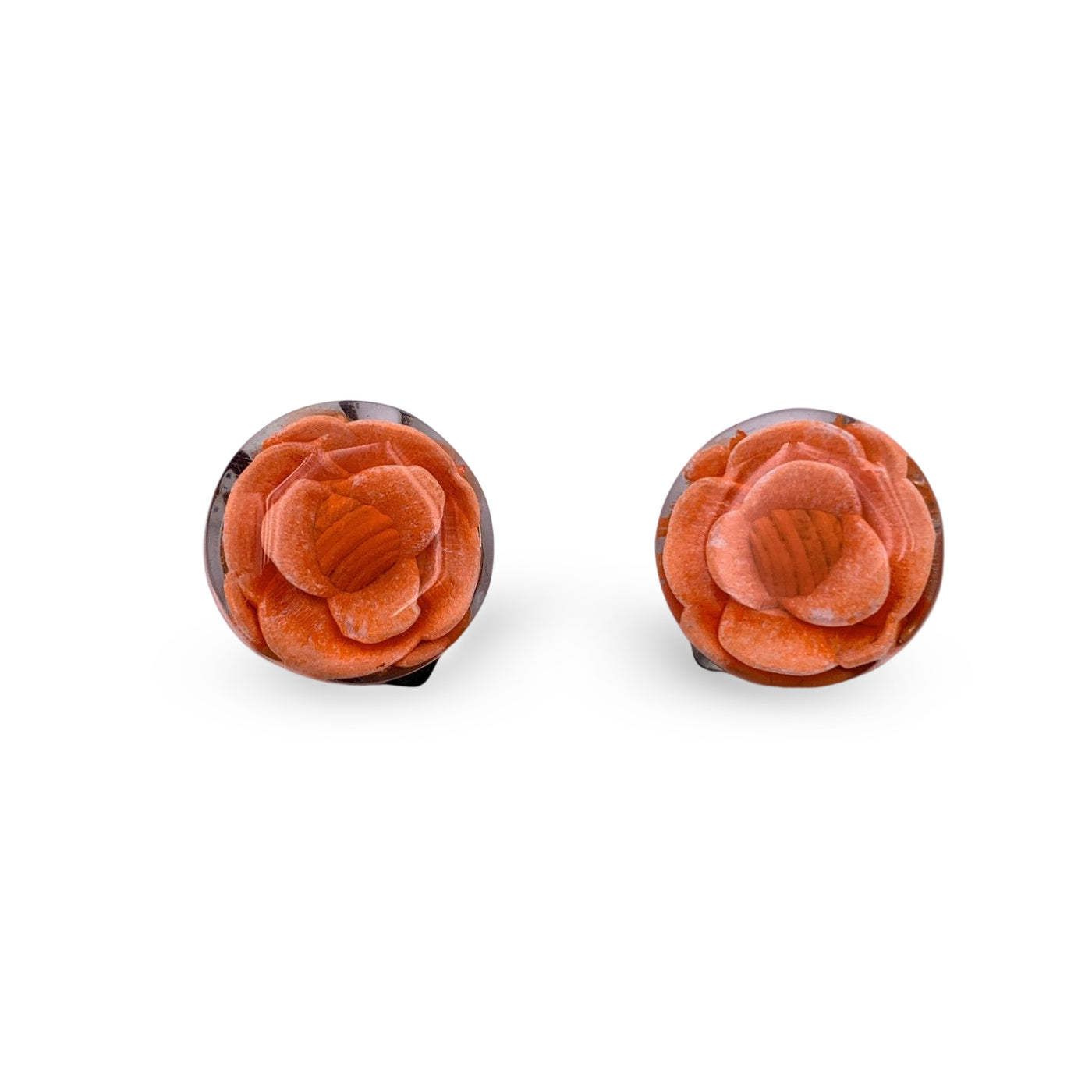 Chanel Orange Camellia Camelia Flower Resin Clip On Earrings