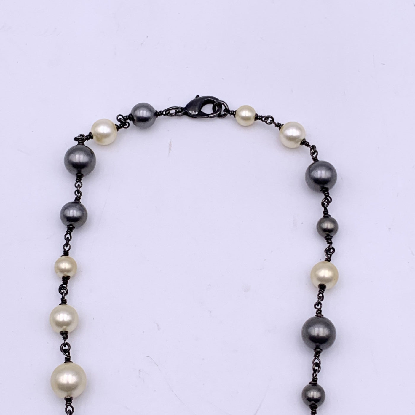 Chanel Ruthenium Metal Pearl Baguette Crystal CC Pendant Necklace