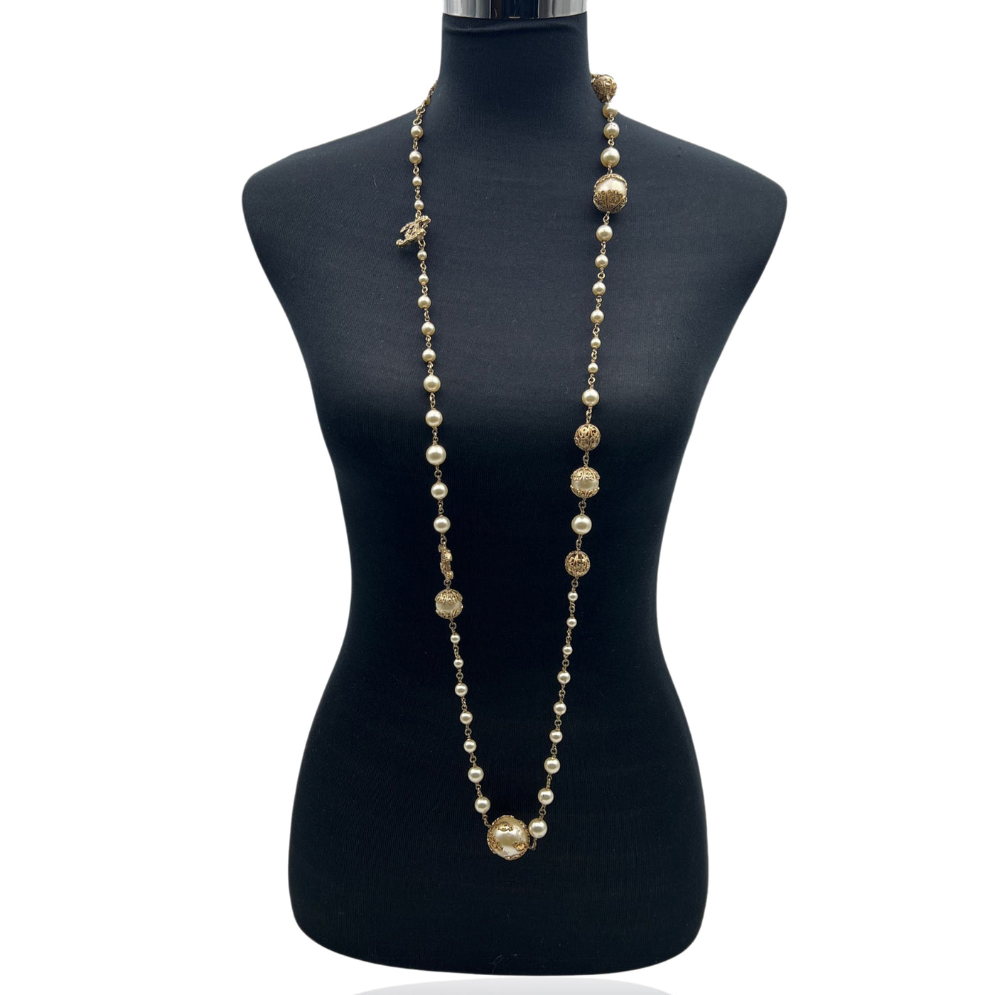 Chanel 06 Gold Metal Faux Pearls CC Logo Long Necklace