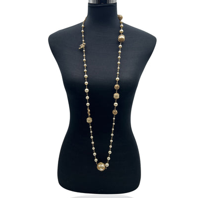 Chanel 06 Faux Pearls Gold Metal CC Logo Long Necklace