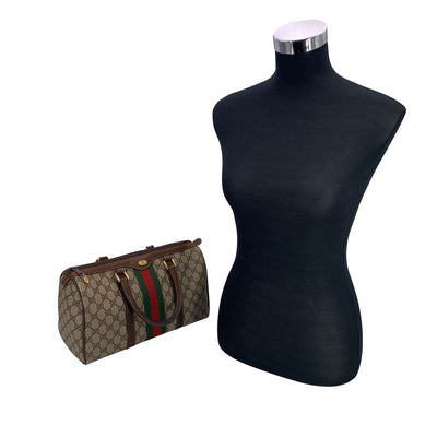 Gucci Vintage Brown Monogram Canvas Leather Web Boston Bag