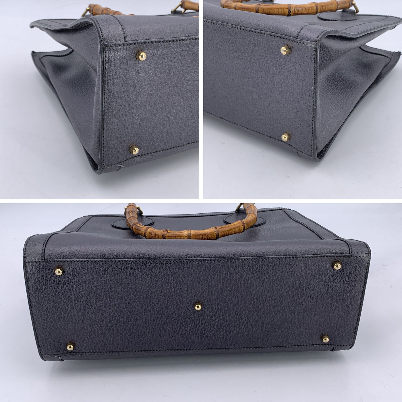 Gucci Vintage Dark Grey Leather Bamboo Princess Diana Tote Bag