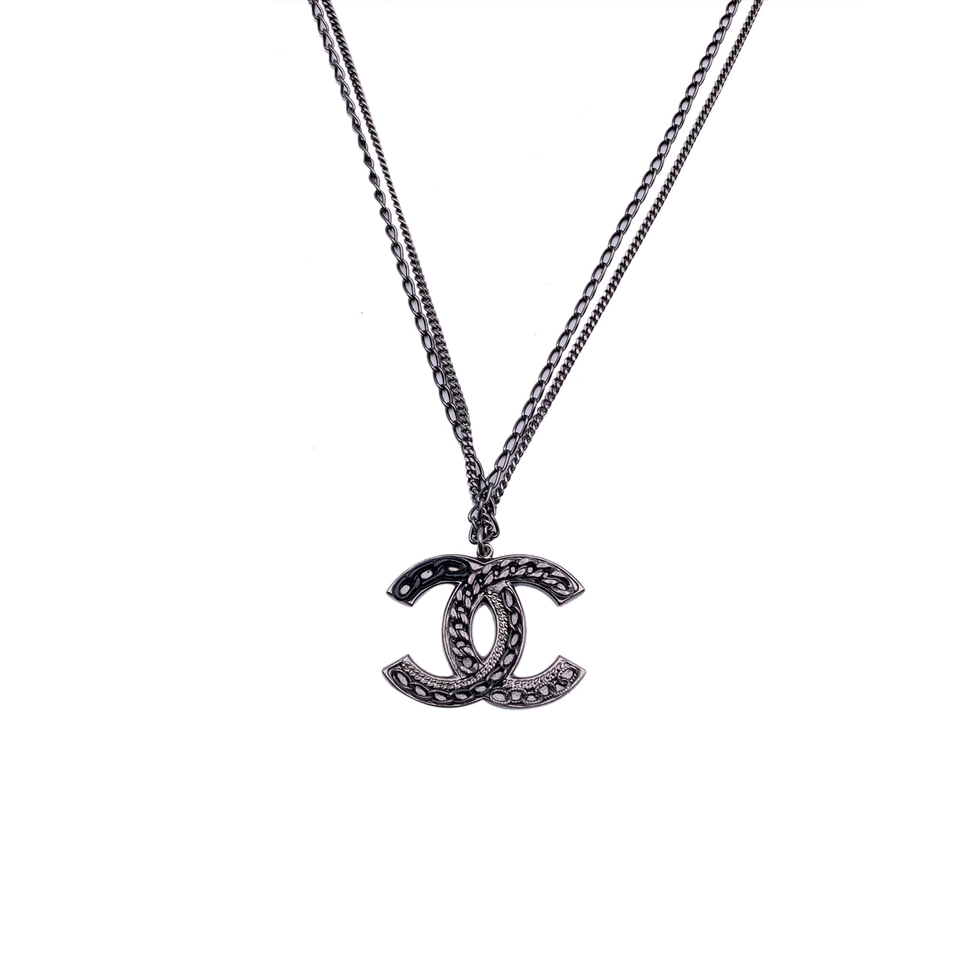 Chanel Gunmetal Double Chain CC Logo Pendant Necklace