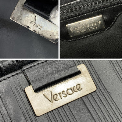 Gianni Versace Vintage Black Ribbed Leather Convertible Shoulder Bag