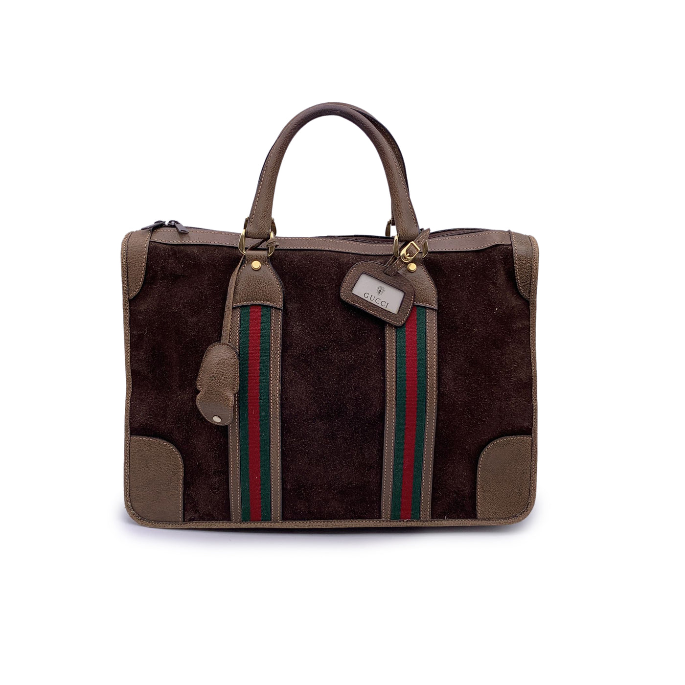 Gucci Vintage Brown Suede Leather Satchel Overnight Bag with Stripes