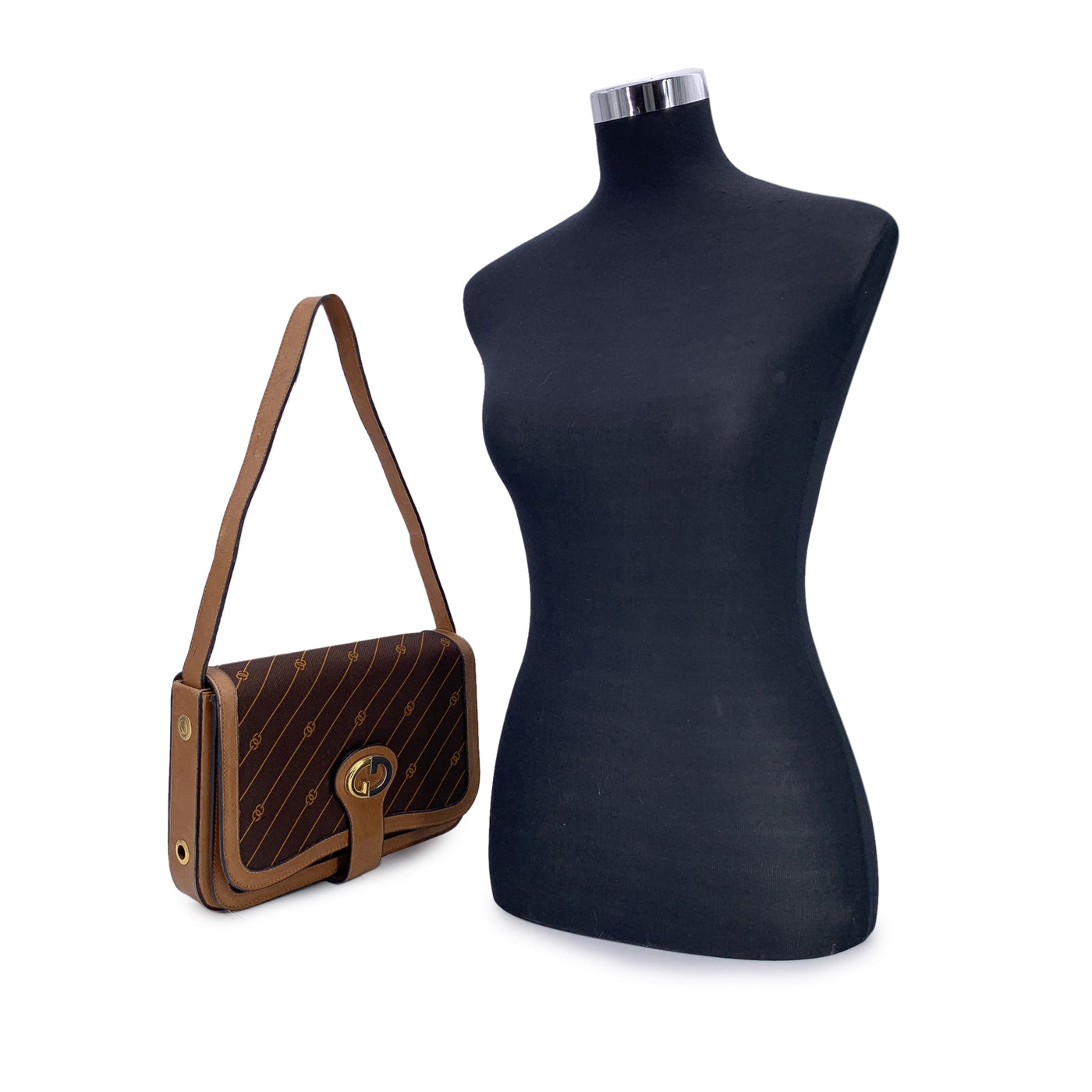 Gucci Vintage Brown Logo Canvas GG Tan Leather Shoulder Bag