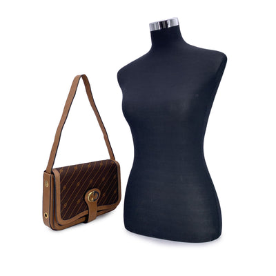 Gucci Vintage Brown Logo Canvas GG Tan Leather Shoulder Bag