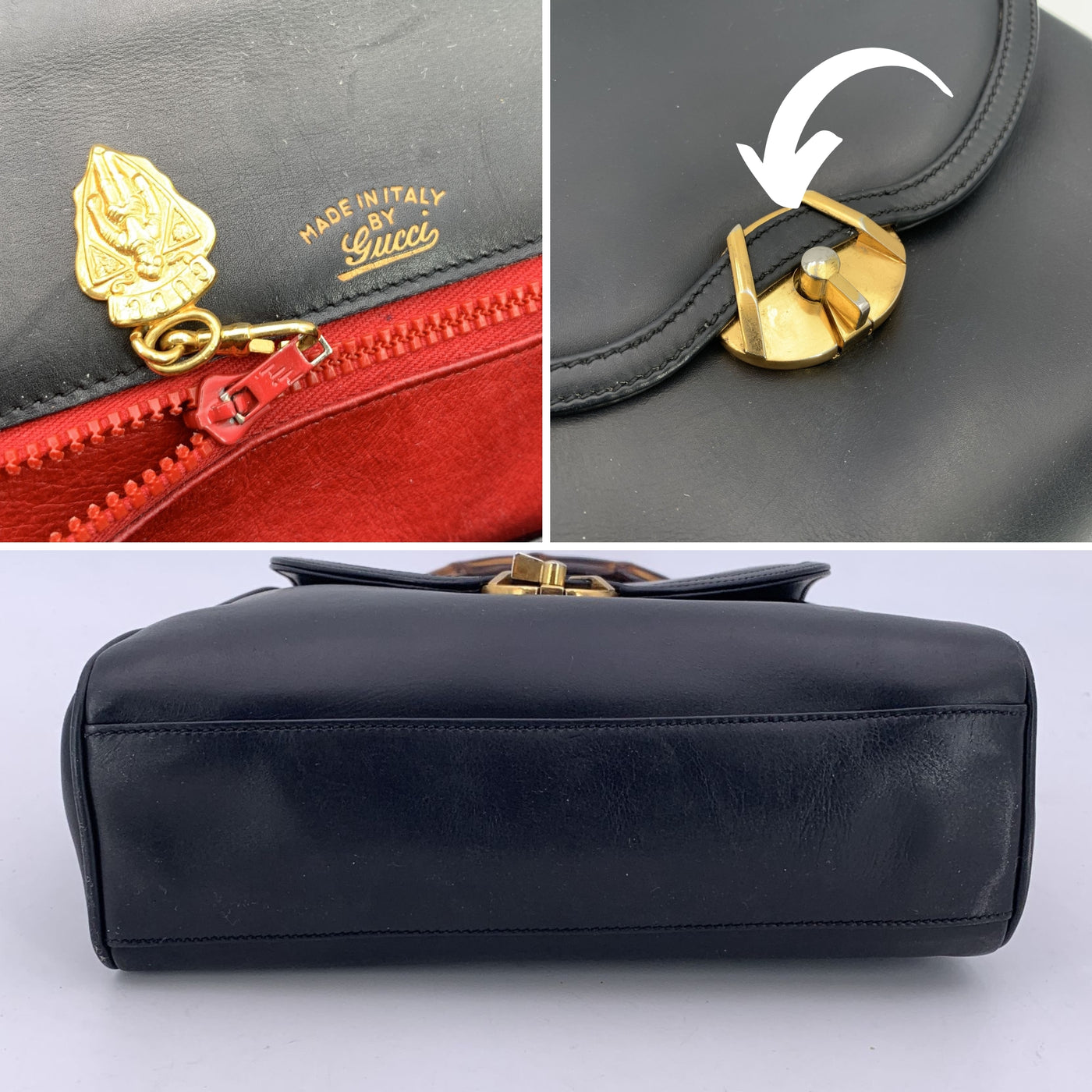 Gucci Rare Vintage Black Leather Bamboo Top Handle Bag Handbag