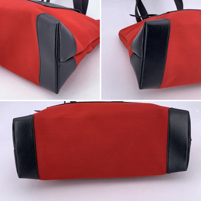 Gucci Red Canvas Nylon Black Leather Tote Shoulder Bag