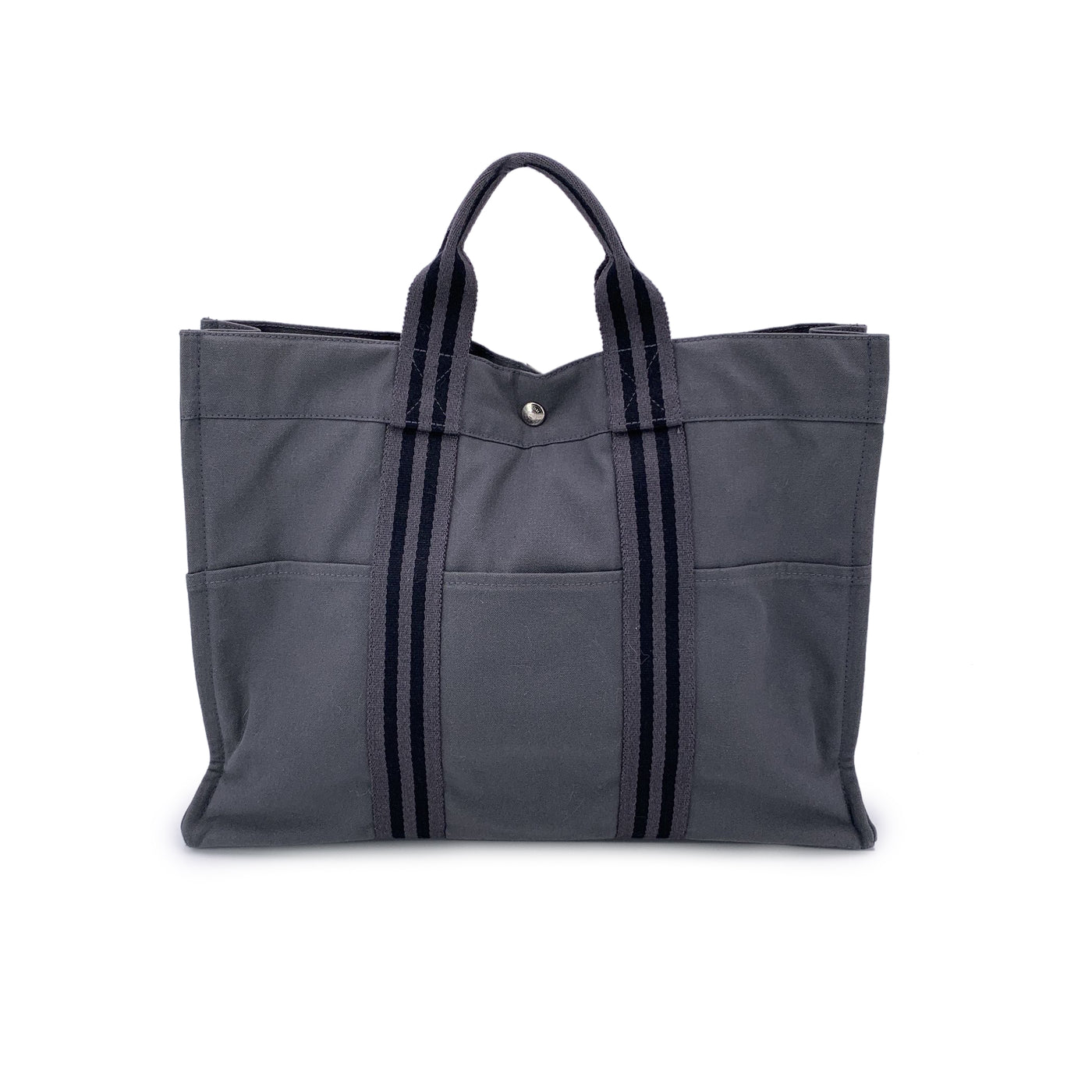 Hermes Paris Grey and Black Stripes Cotton Fourre Tout MM Tote Bag