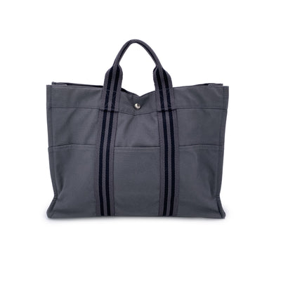 Hermes Paris Grey and Black Stripes Cotton Fourre Tout MM Tote Bag