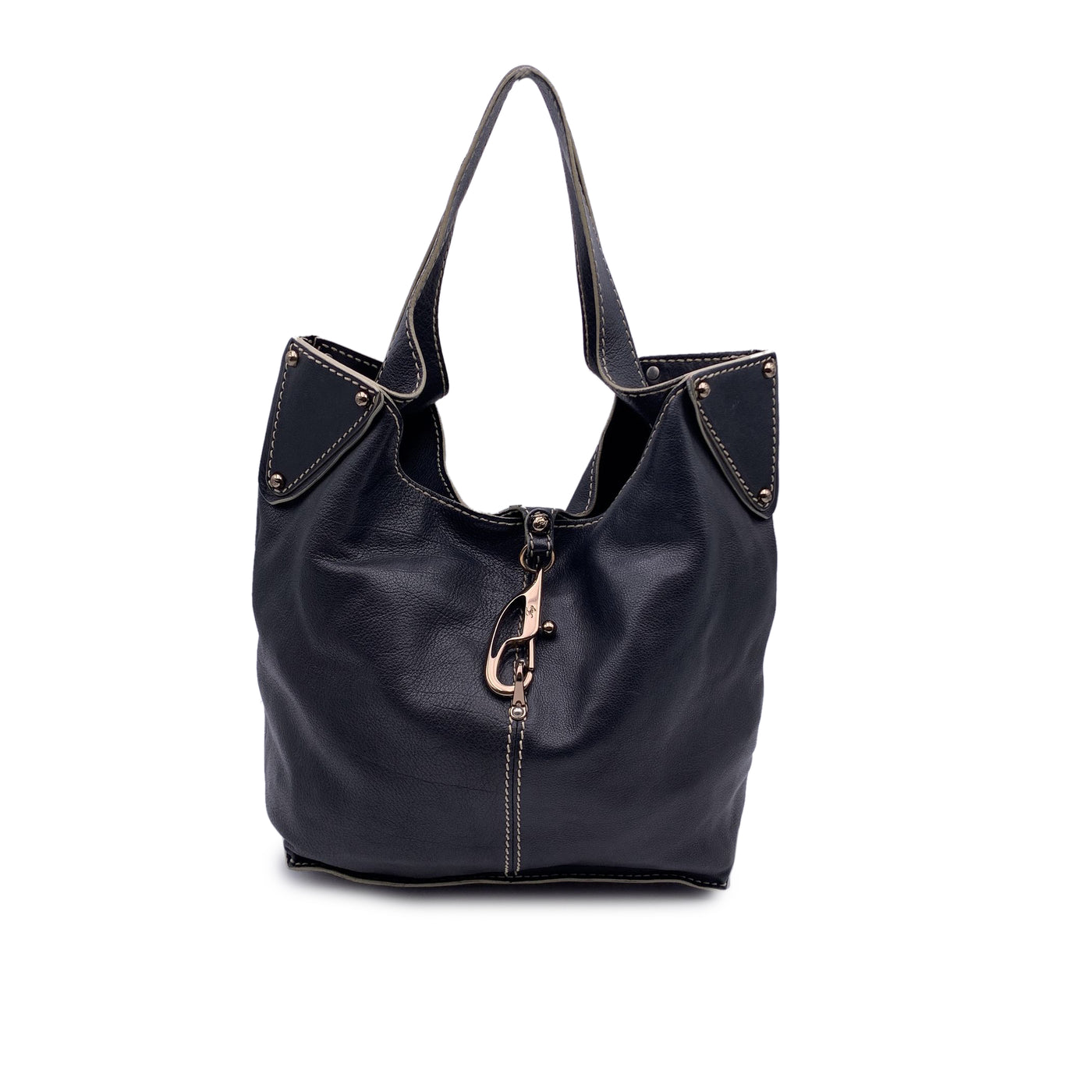 Fay Black Leather Carabiner Closure Tote Shoulder Bag