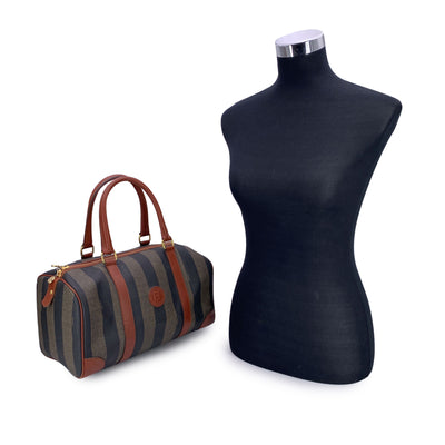 Fendi Vintage Pequin Striped Canvas Brown Leather Boston Bag