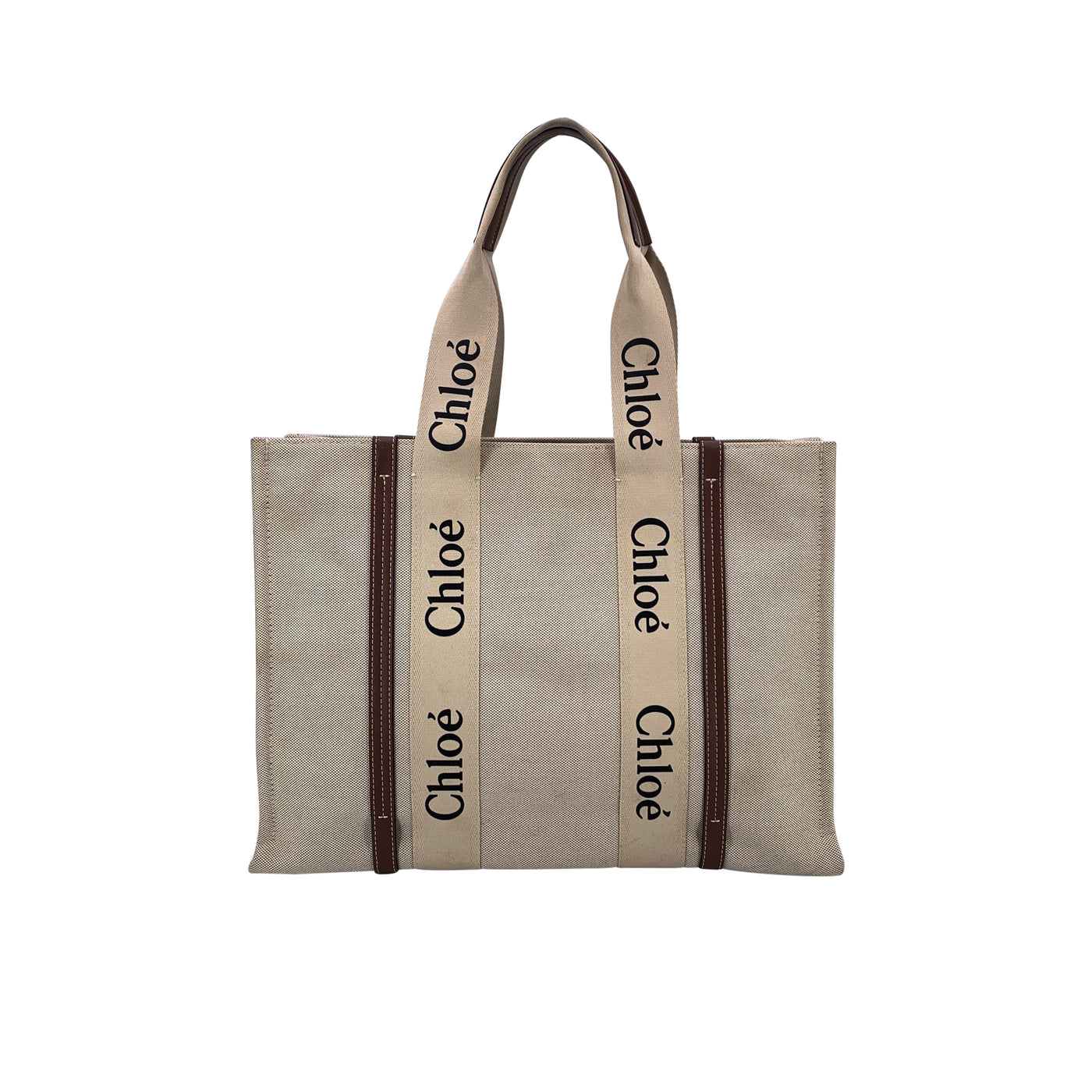 Chloe Beige Linen Canvas and Leather Large Woody Tote Bag
