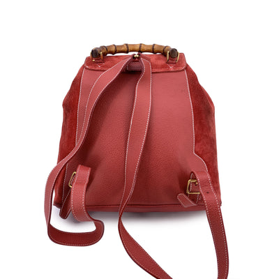 Gucci Vintage Red Suede and Leather Bamboo Backpack Shoulder Bag
