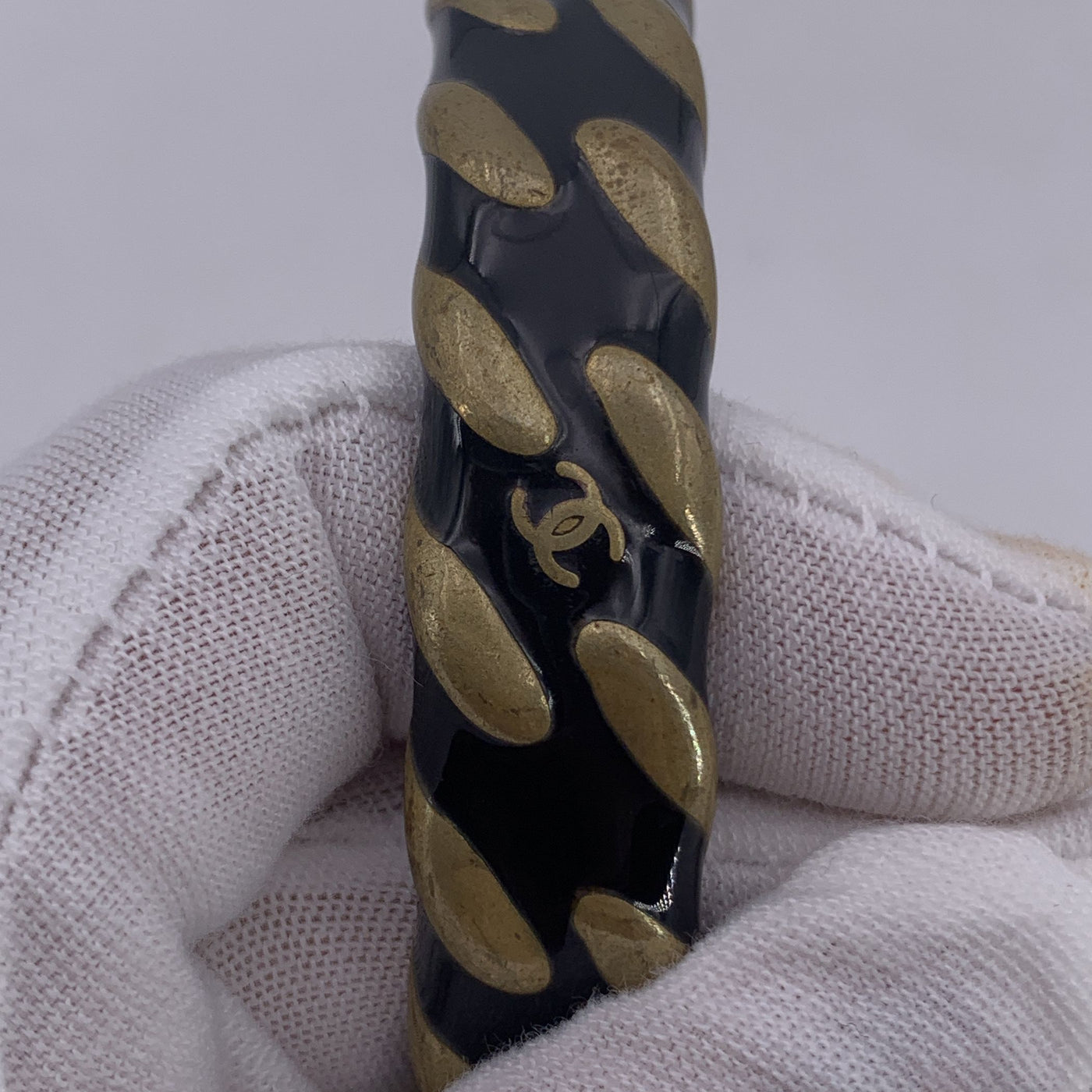 Chanel Vintage Gold Metal Black Enamel Bangle Bracelet