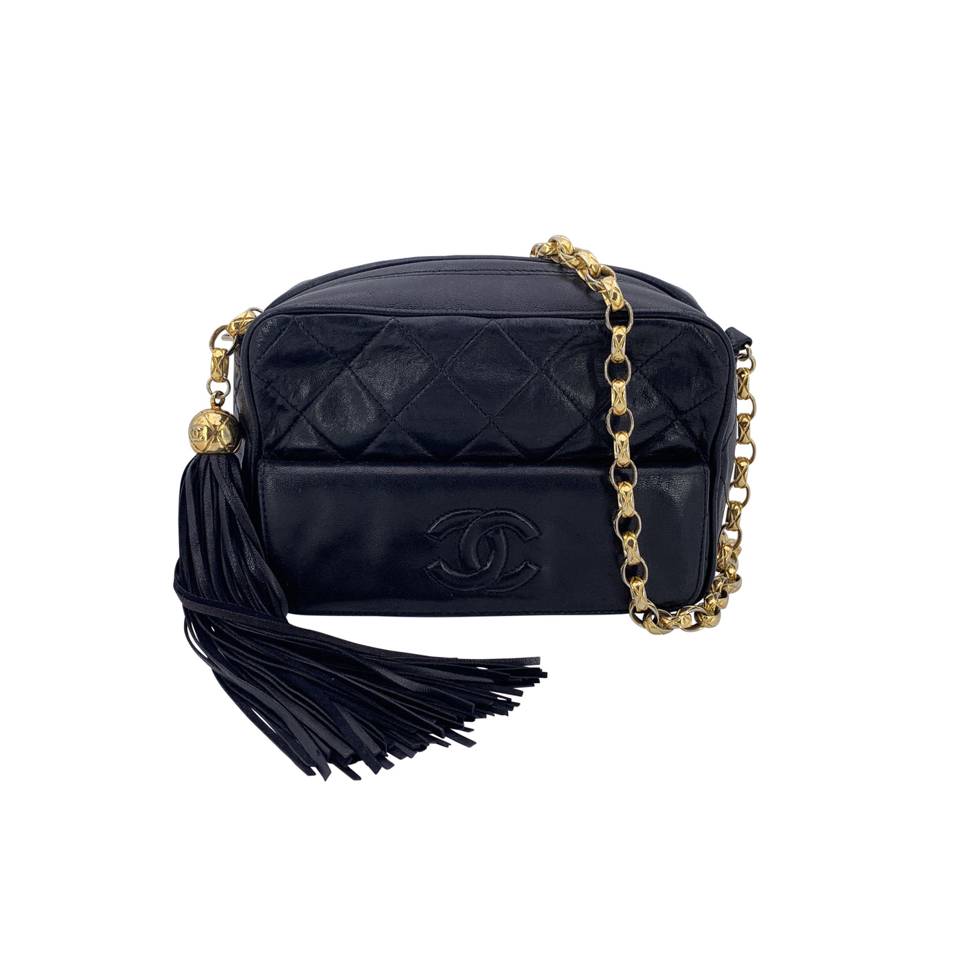 Chanel Vintage Black Quilted Leather Camera Tassel Crossbody Bag