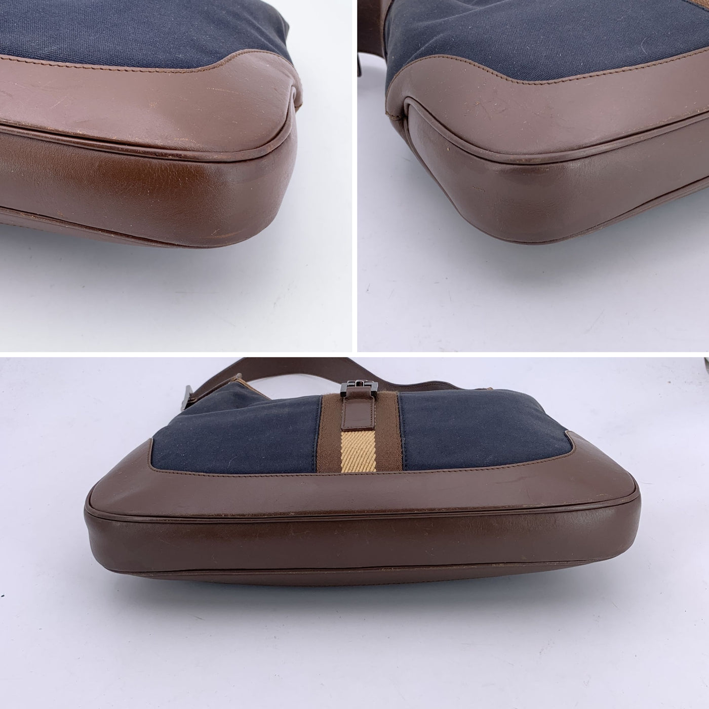 Gucci Black Canvas Brown Leather Jackie Hobo Bag Handbag
