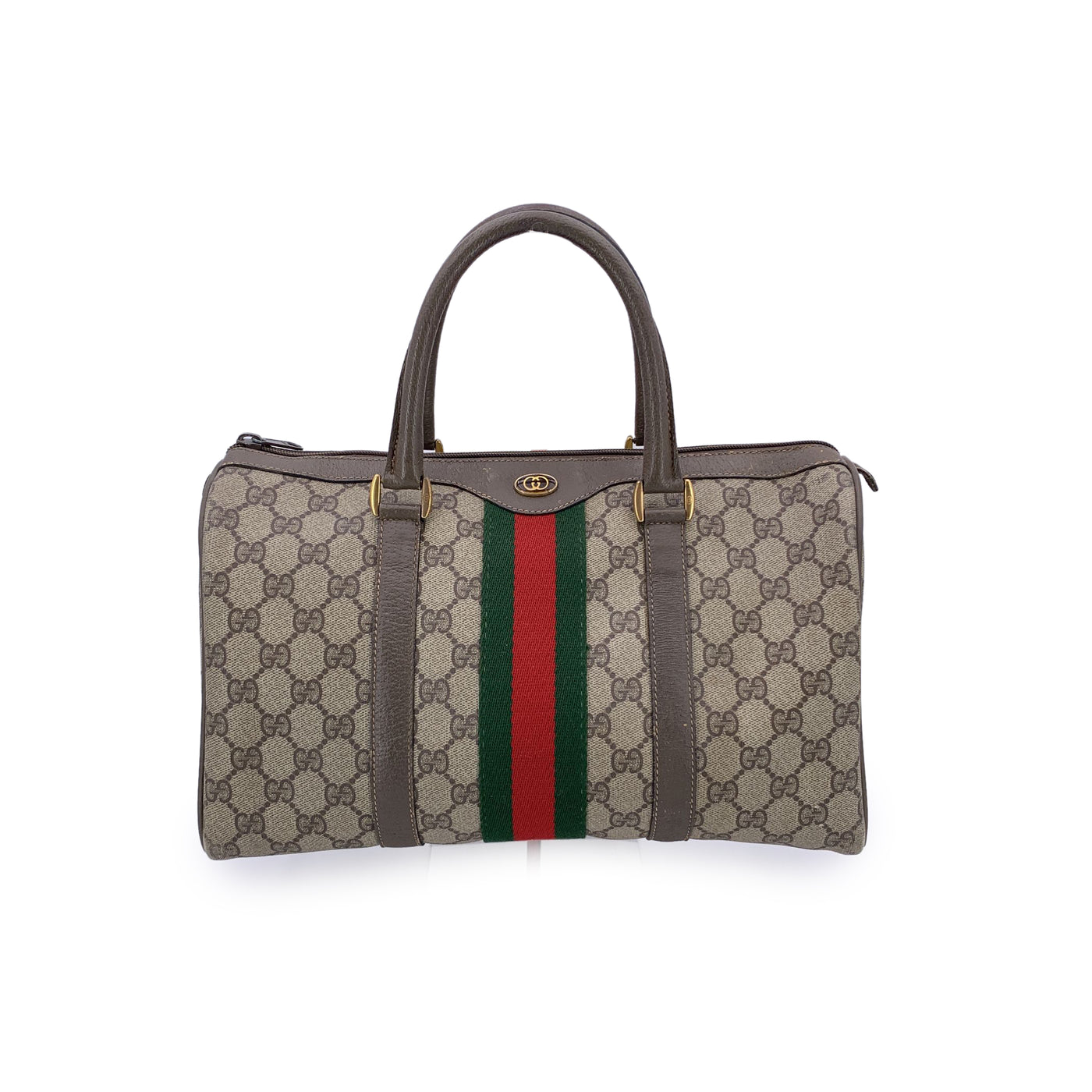Gucci Vintage Brown Suede Web Stripes Boston Bag Handbag