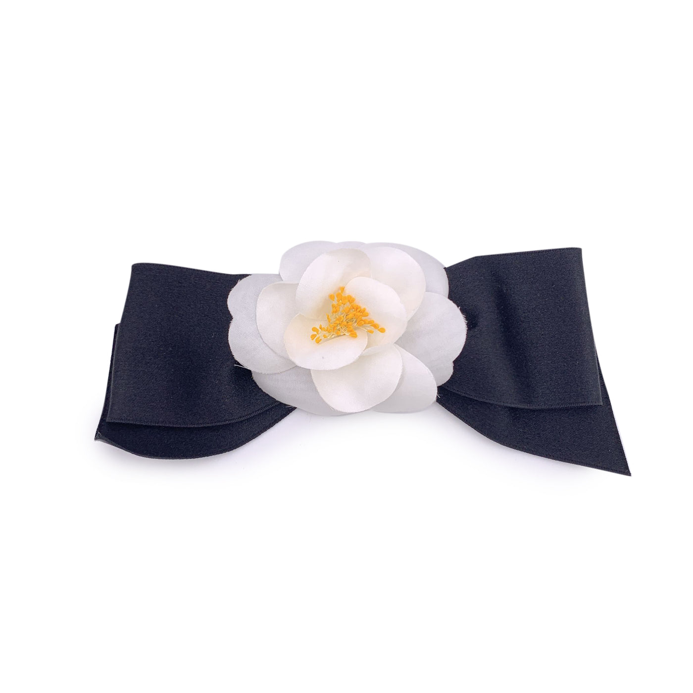 Chanel Vintage White Silk Black Satin Bow Camellia Camelia Brooch