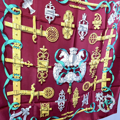 Hermes Paris Vintage Burgundy Silk Scarf Ferronnerie 1970 Cathy Latham